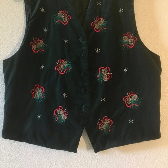 VTG Karen Scott Ugly Christmas Velvet Vest 100% Cotton Pinecones Snowflakes Sz L - Picture 3 of 6